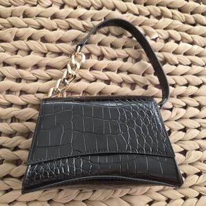 Forever 21 Black Croc-Embossed Mini Top Handle Bag with Gold Chain